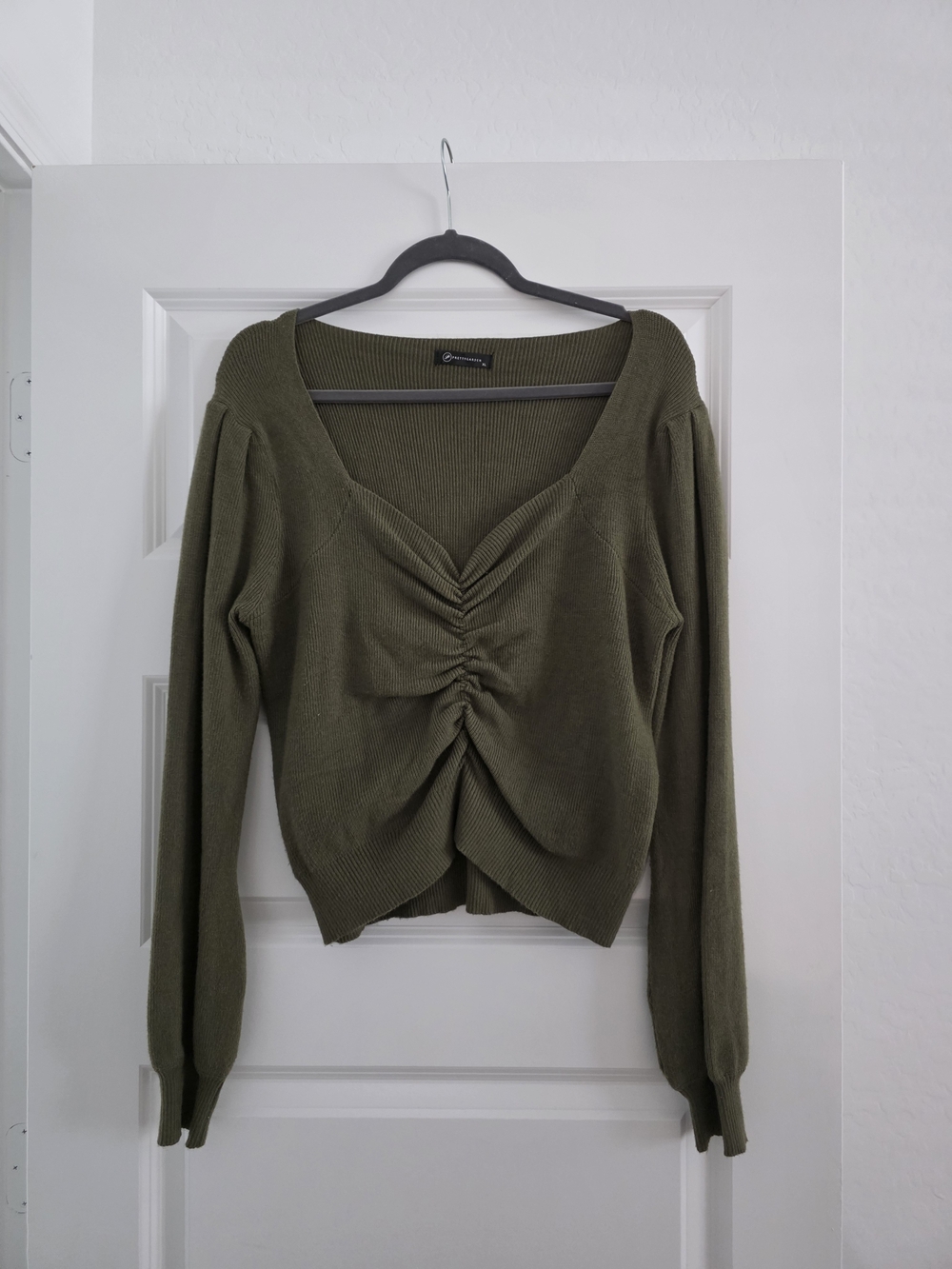 Olive Green Cropped Ruched Knit Sweater.
